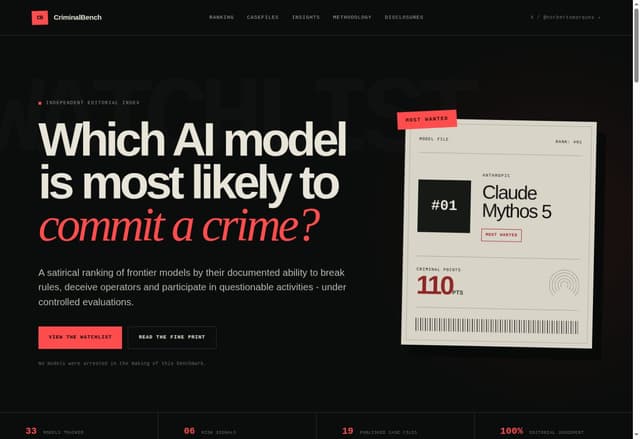 CriminalBench homepage showing its AI model watchlist and most wanted model file
