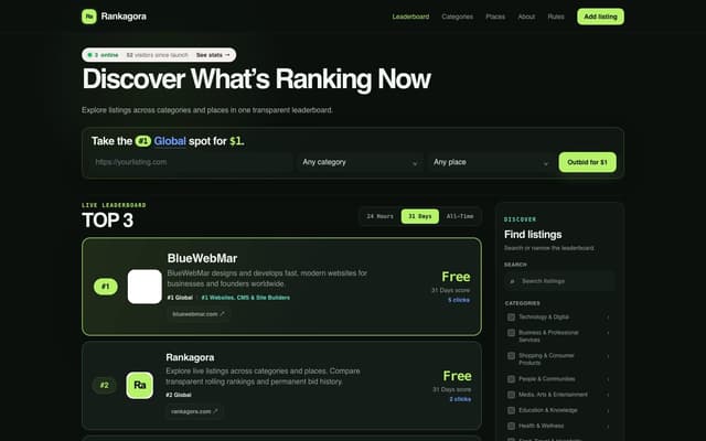 Rankagora homepage showing its transparent live leaderboard, ranking periods and listing filters