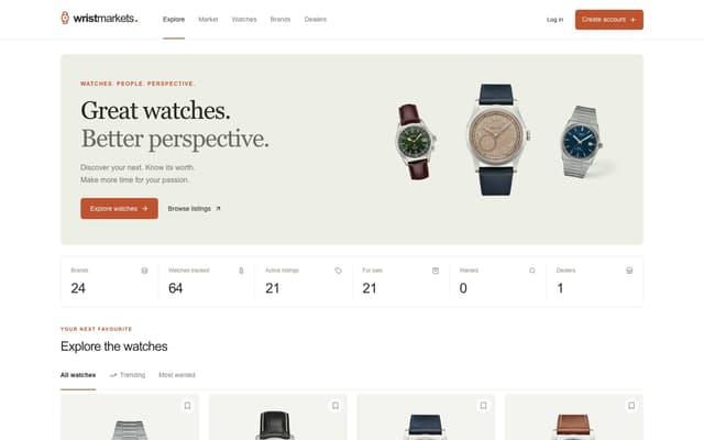 WristMarkets homepage showing its watch discovery hero, market overview and selected watches